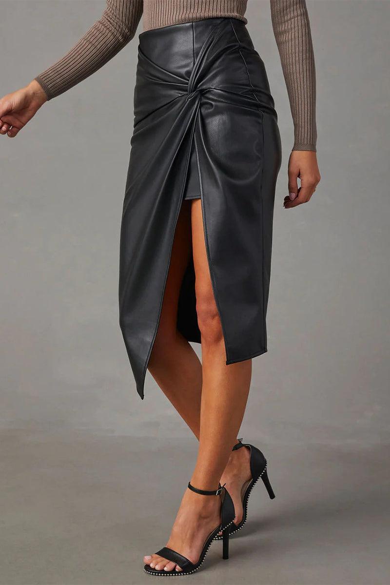 Black faux leather midi wrap skirt with draped knot detail and front slit