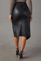 Black faux leather midi pencil skirt with high waist and asymmetric front slit