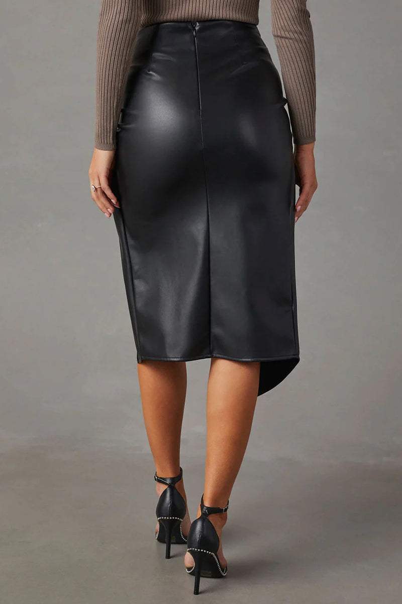 Black faux leather midi pencil skirt with high waist and asymmetric front slit