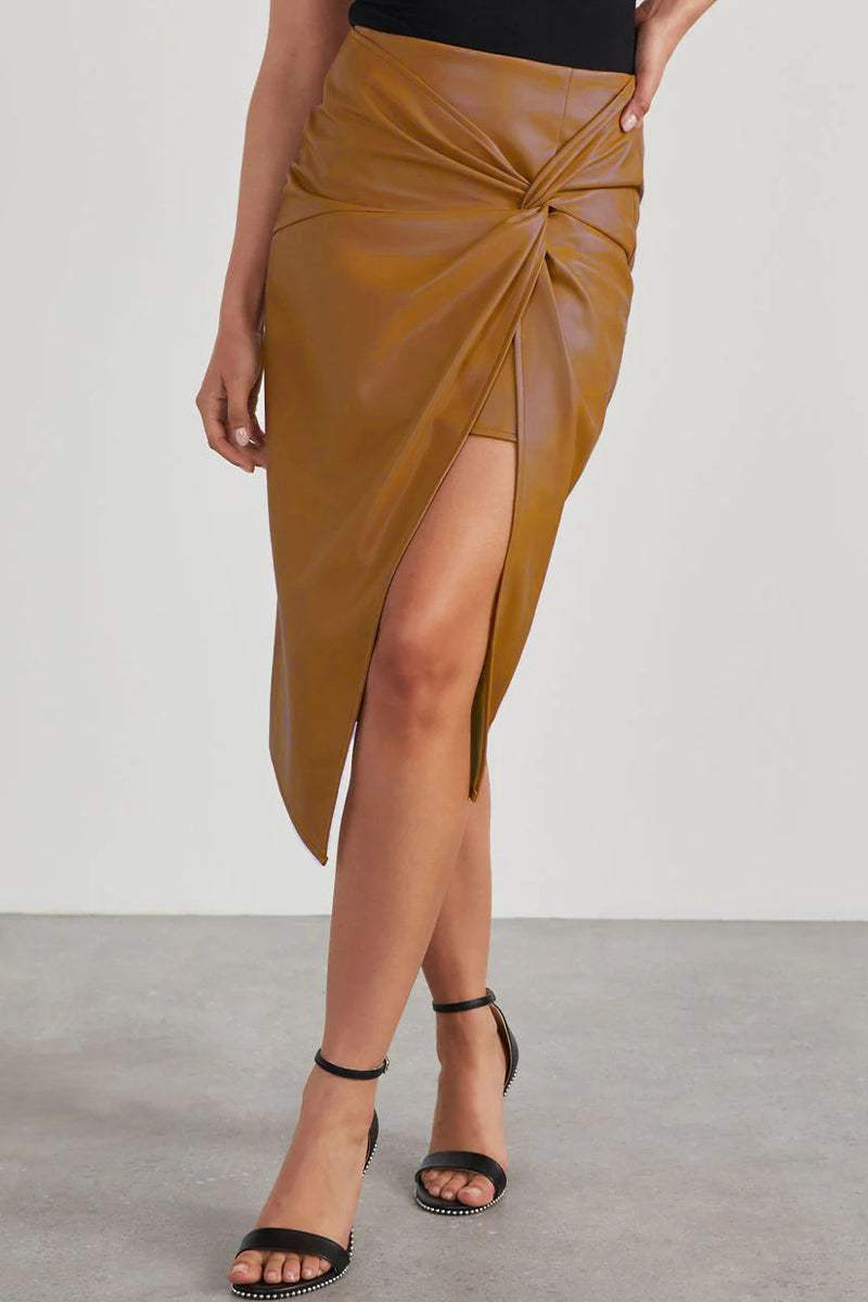 Apricot faux leather midi wrap skirt with high waist knot and asymmetric front slit