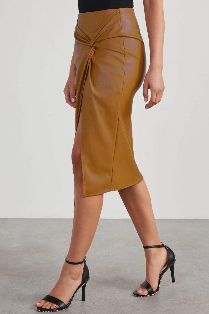 Apricot faux leather midi wrap skirt with high waist knot and side slit