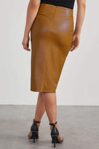 Apricot faux leather midi pencil skirt with high waist and asymmetrical front slit