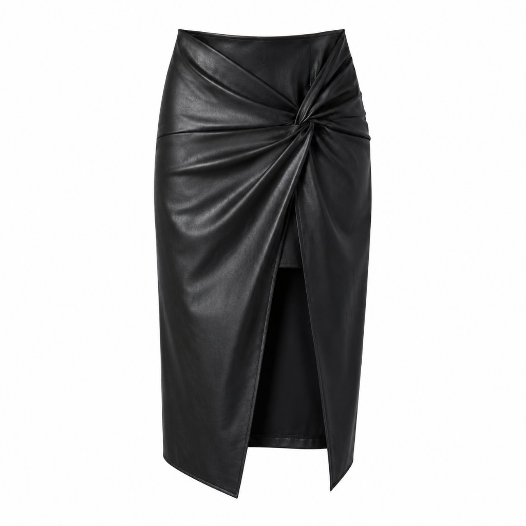 Black high-waisted wrap midi skirt with knotted waist and asymmetric front slit