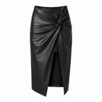Black high-waisted wrap midi skirt with knotted waist and asymmetric front slit