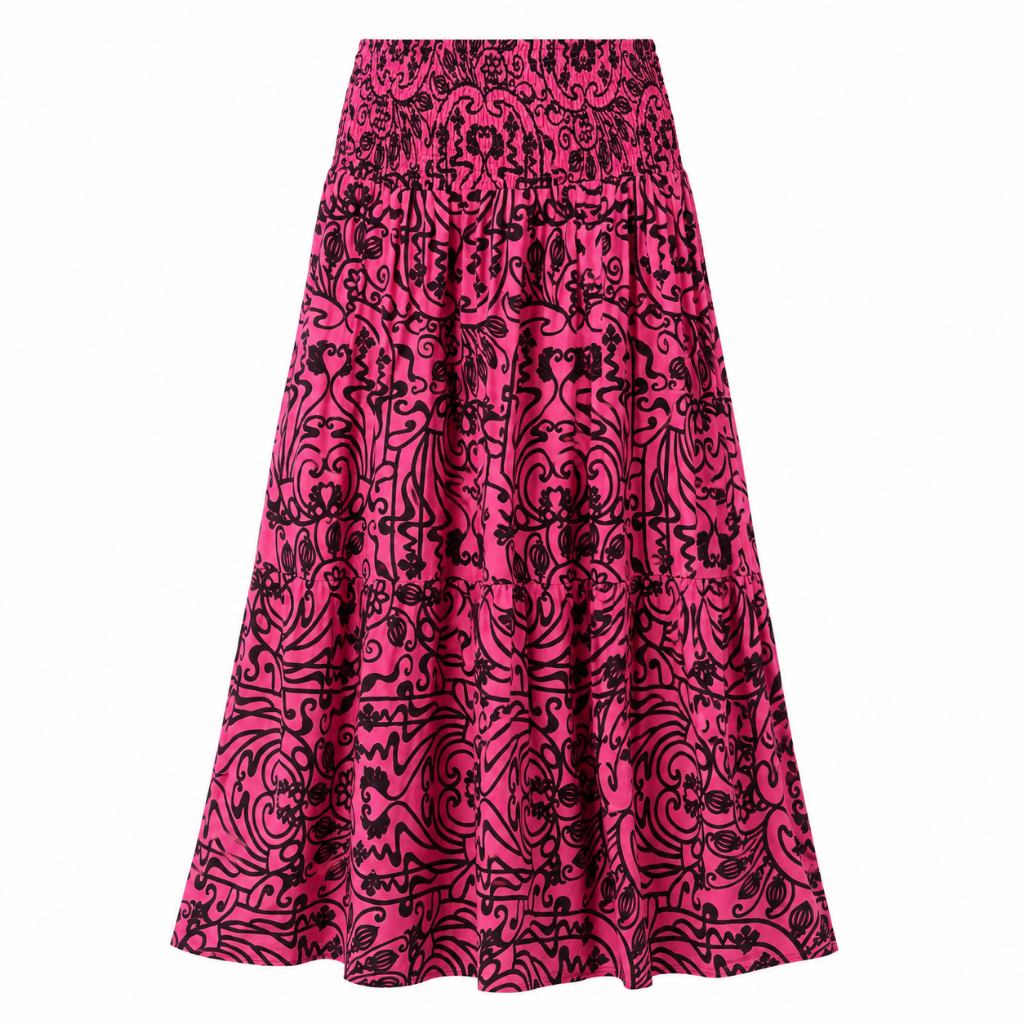 Women's high-waisted printed midi skirt, dark pink with black abstract pattern