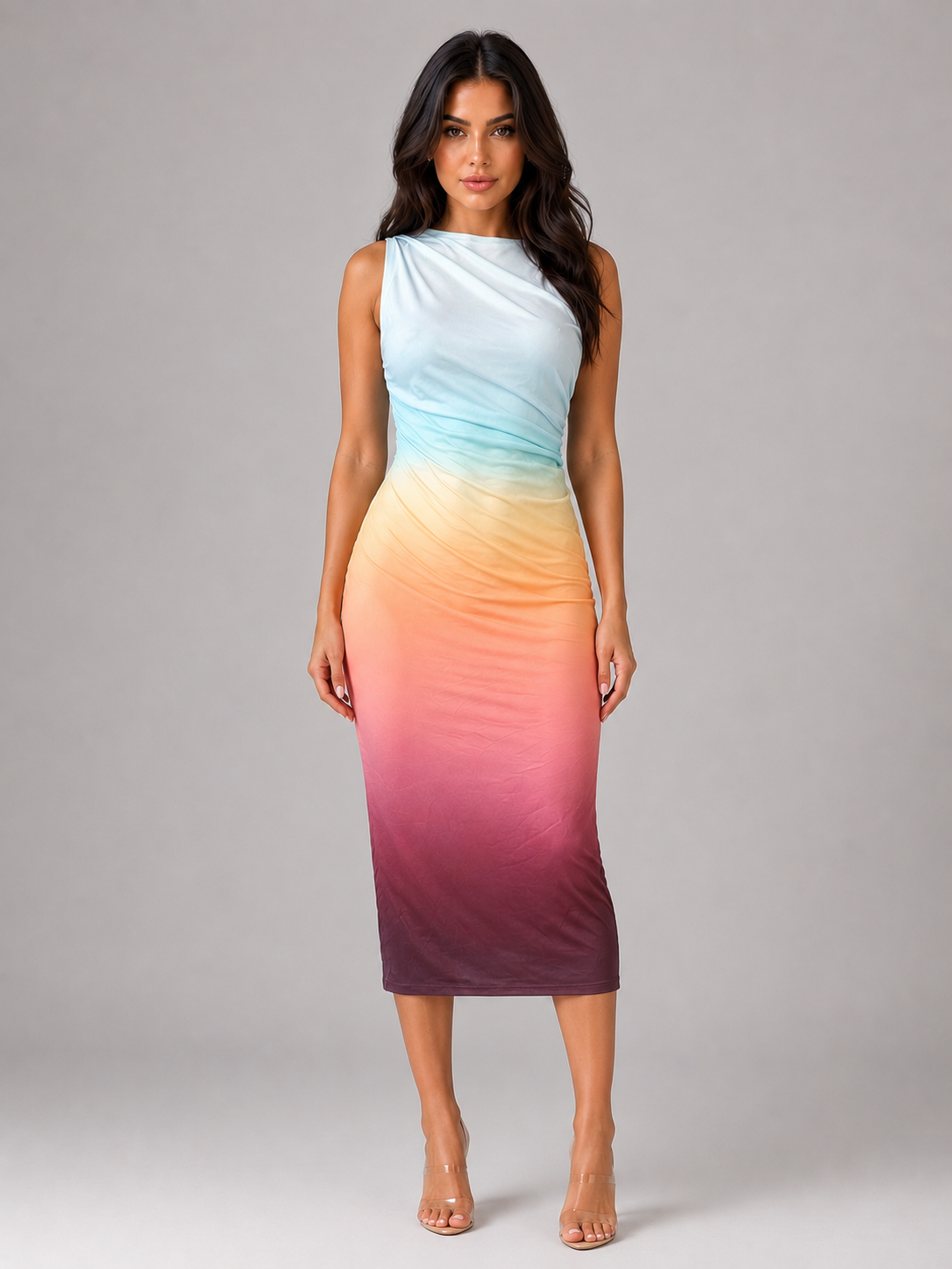 Rainbow sleeveless ruched-waist midi bodycon dress, high neckline