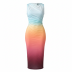 Women's Sleeveless Bodycon Ombre Midi Dress Diagonal Ruched Waist Cut-Out Back Stretch Fit