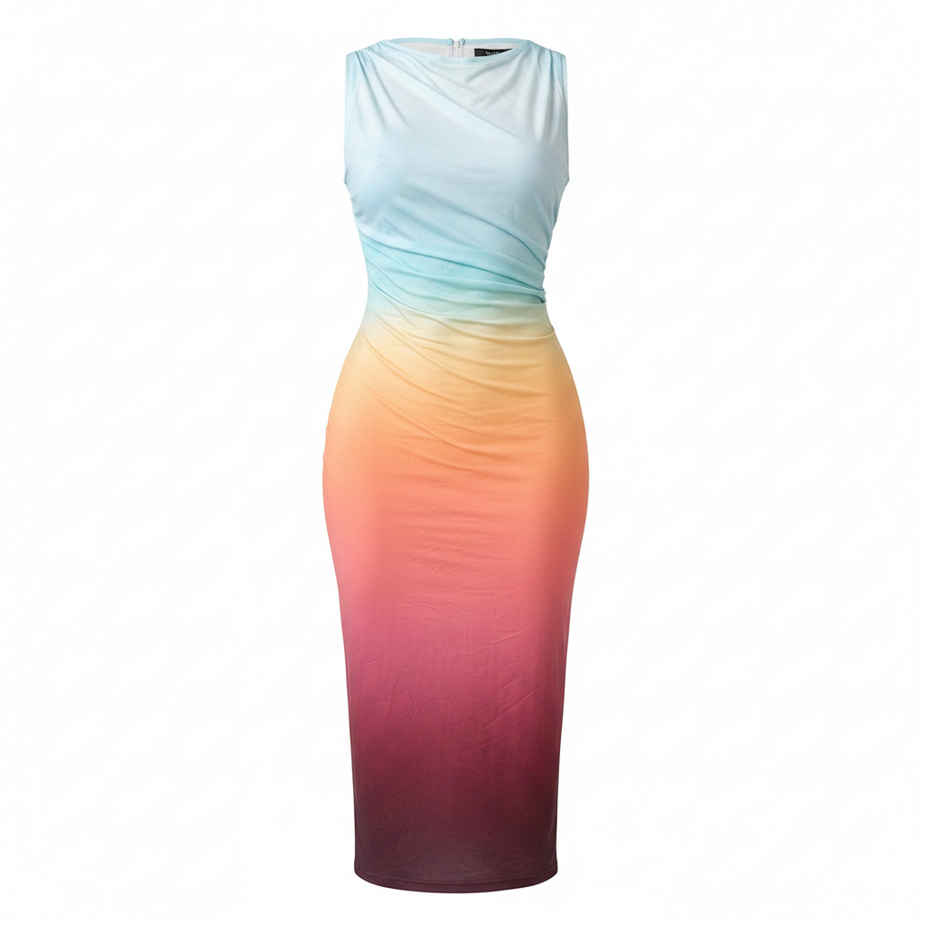 Women's Sleeveless Bodycon Ombre Midi Dress Diagonal Ruched Waist Cut-Out Back Stretch Fit