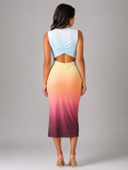 Rainbow sleeveless ruched-waist midi bodycon dress, back view