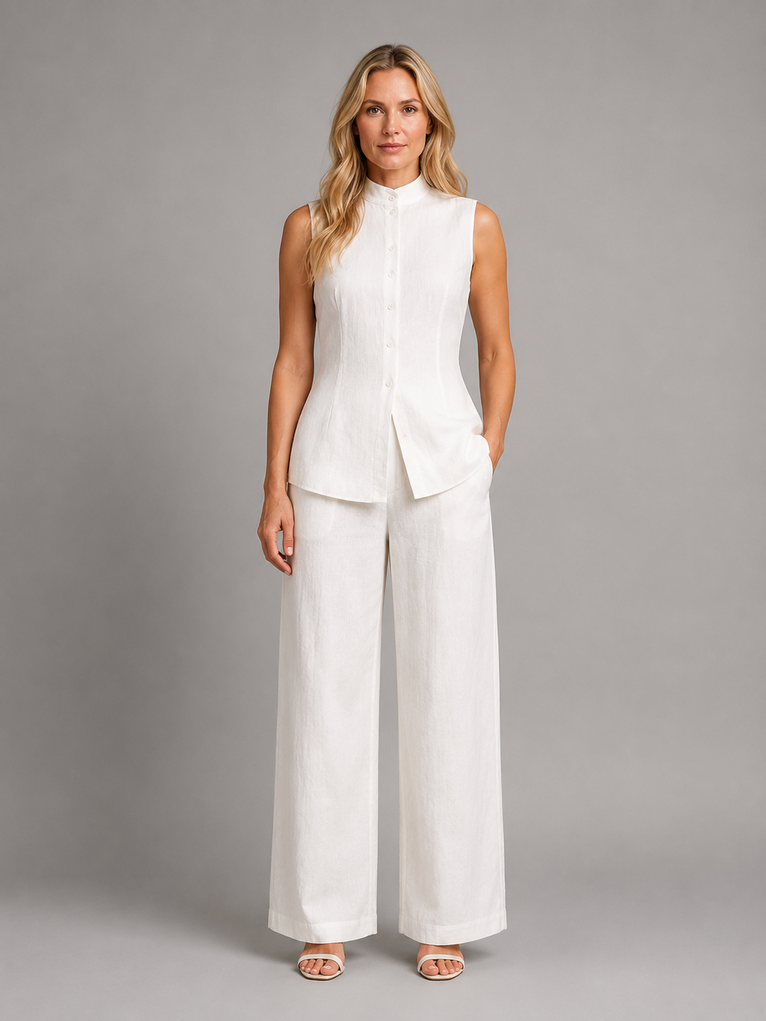 White sleeveless co-ord set: high-neck button top & wide-leg trousers