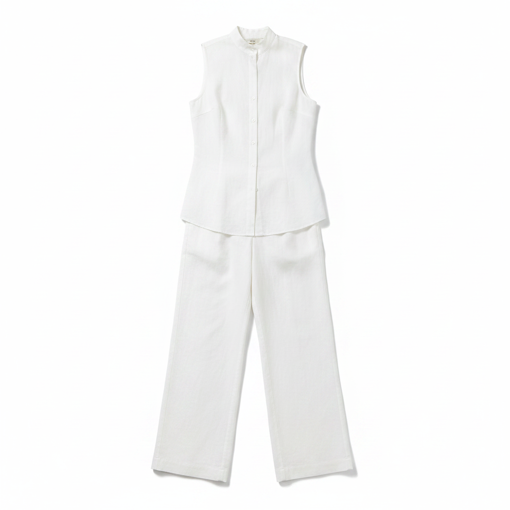 Women's Sleeveless Co-Ord Set High Neck Button Top Wide Leg Trousers Tailored Fit