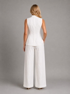 White back-view sleeveless co-ord set: high-neck button top & wide-leg trousers