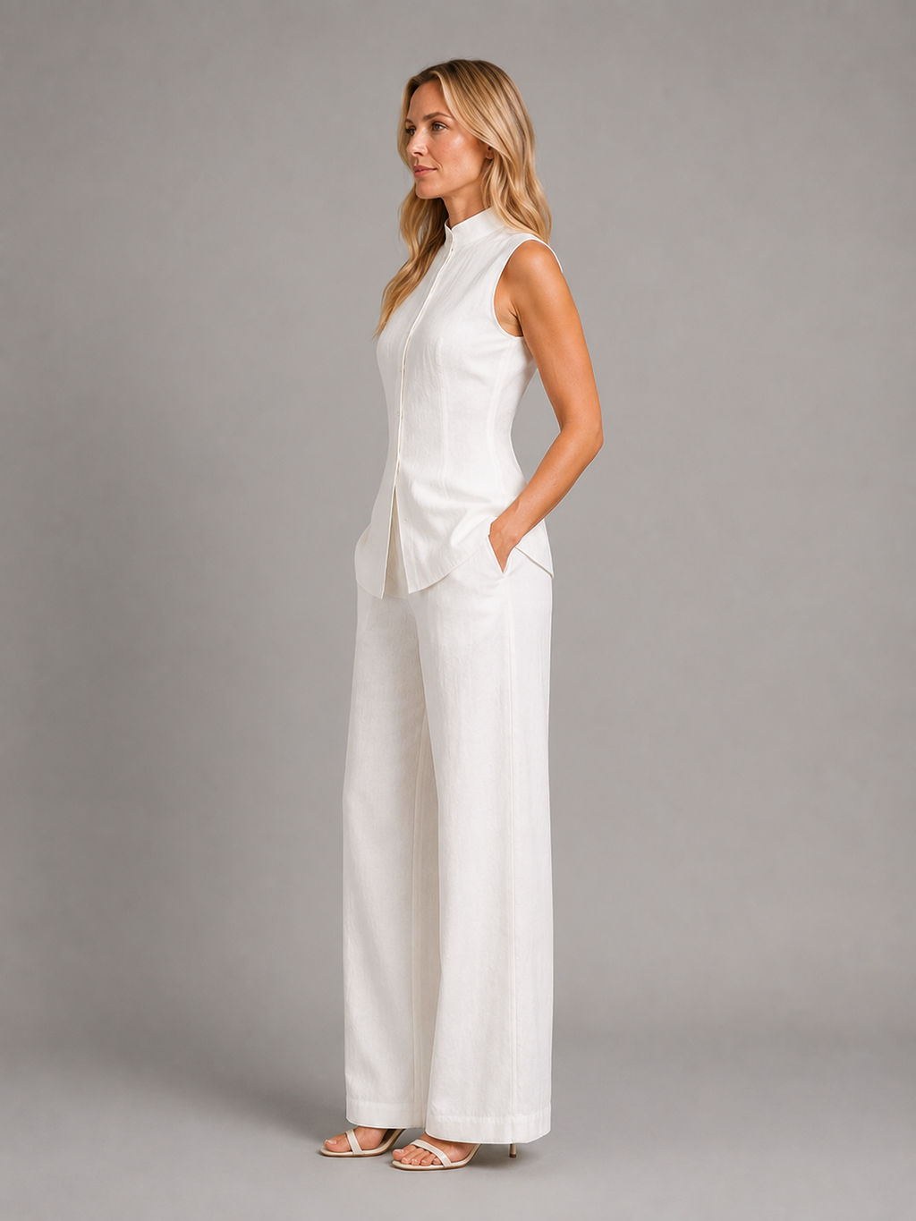 White sleeveless high-neck button top with wide-leg trousers co-ord set