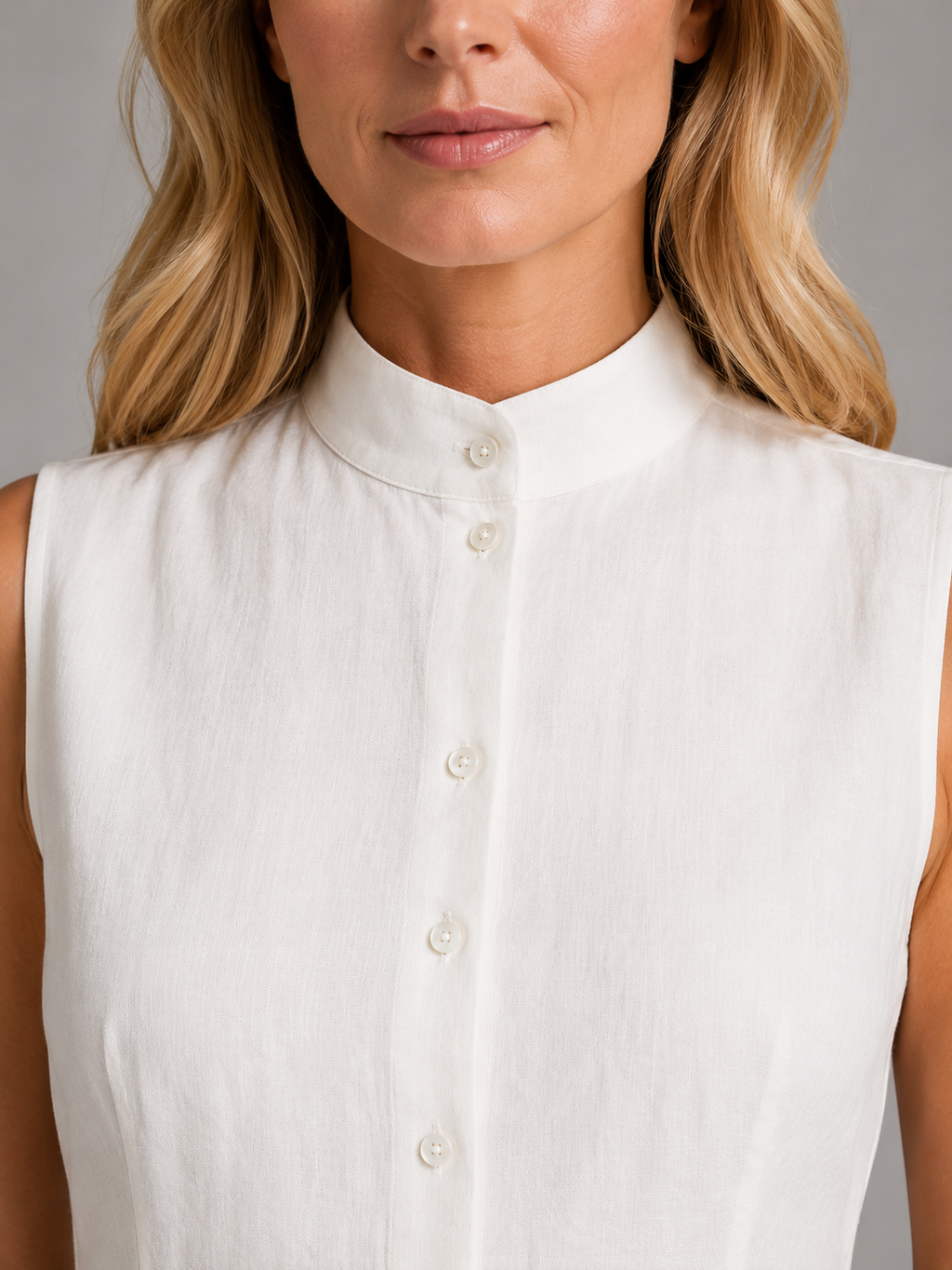White sleeveless high-neck button-front top, close-up