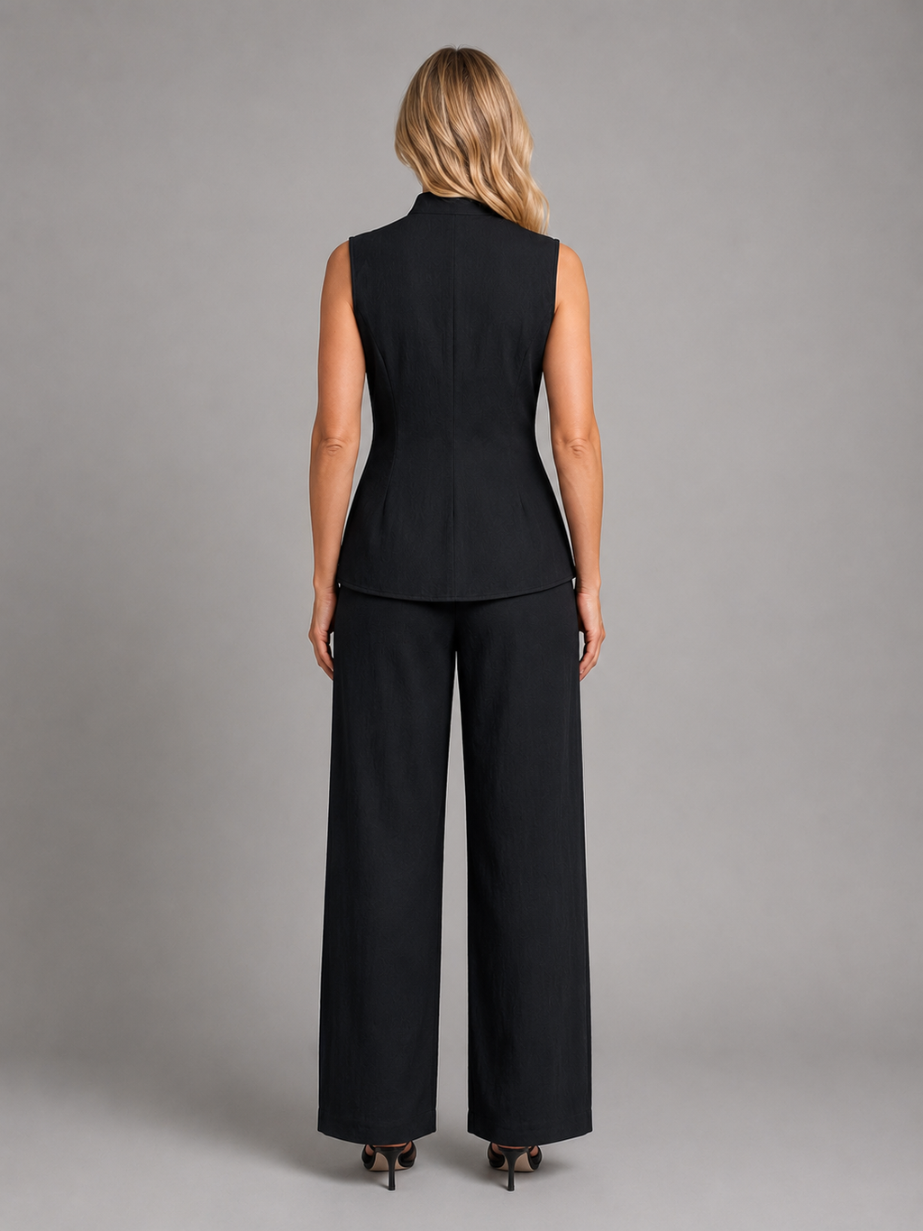 Black back-view sleeveless co-ord set: high-neck button top & wide-leg trousers
