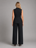 Black back-view sleeveless co-ord set: high-neck button top & wide-leg trousers
