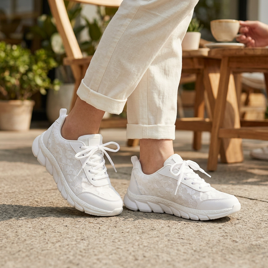 White mesh sneakers worn with light pants, lace-up and thick cushioned sole
