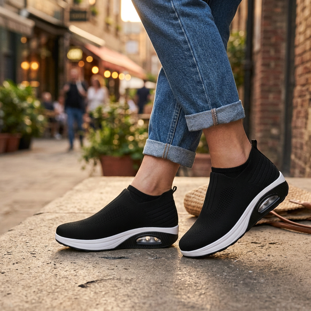 Black slip-on sneakers with cushioned sole, worn with cuffed blue jeans