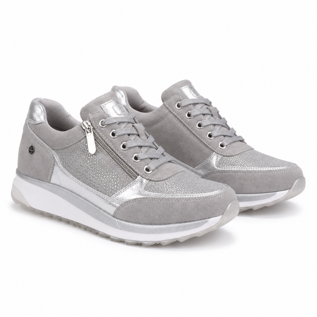 Grey lightweight zip-up knit sneakers, side view, white cushioned sole