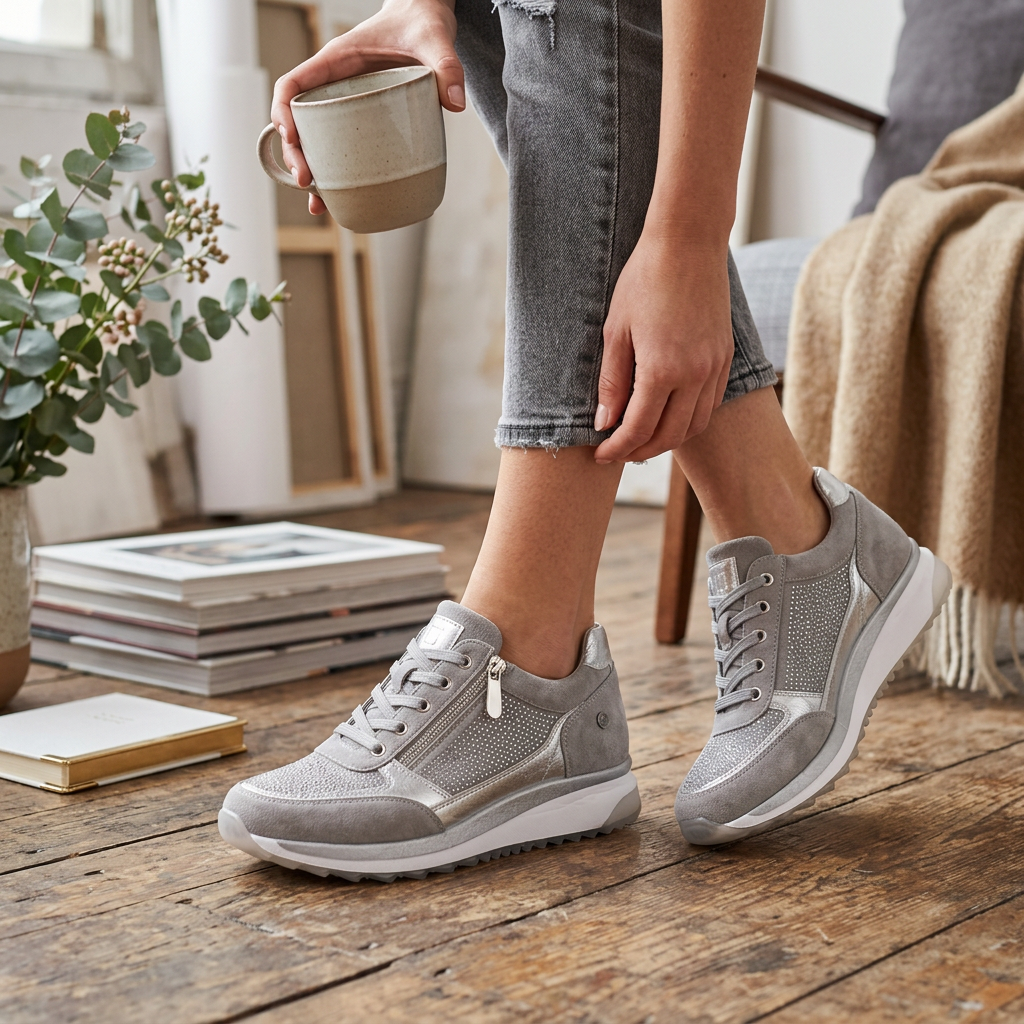 Grey zip-up knit sneakers on feet with white cushioned soles