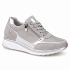 Grey lightweight zip-up knit sneakers with cushioned sole, lace-up front