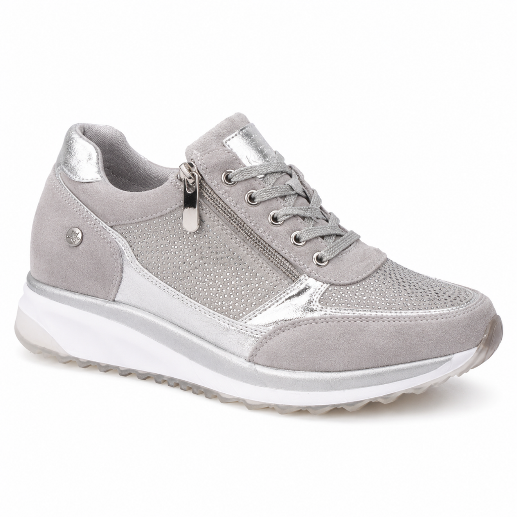 Grey lightweight zip-up knit sneakers with cushioned sole, lace-up front