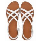 White open-toe flat sandals, crisscross straps, braided loop soles, pair view