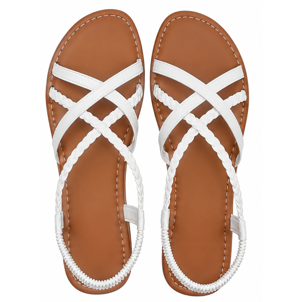 White open-toe flat sandals, crisscross straps, braided loop soles, pair view