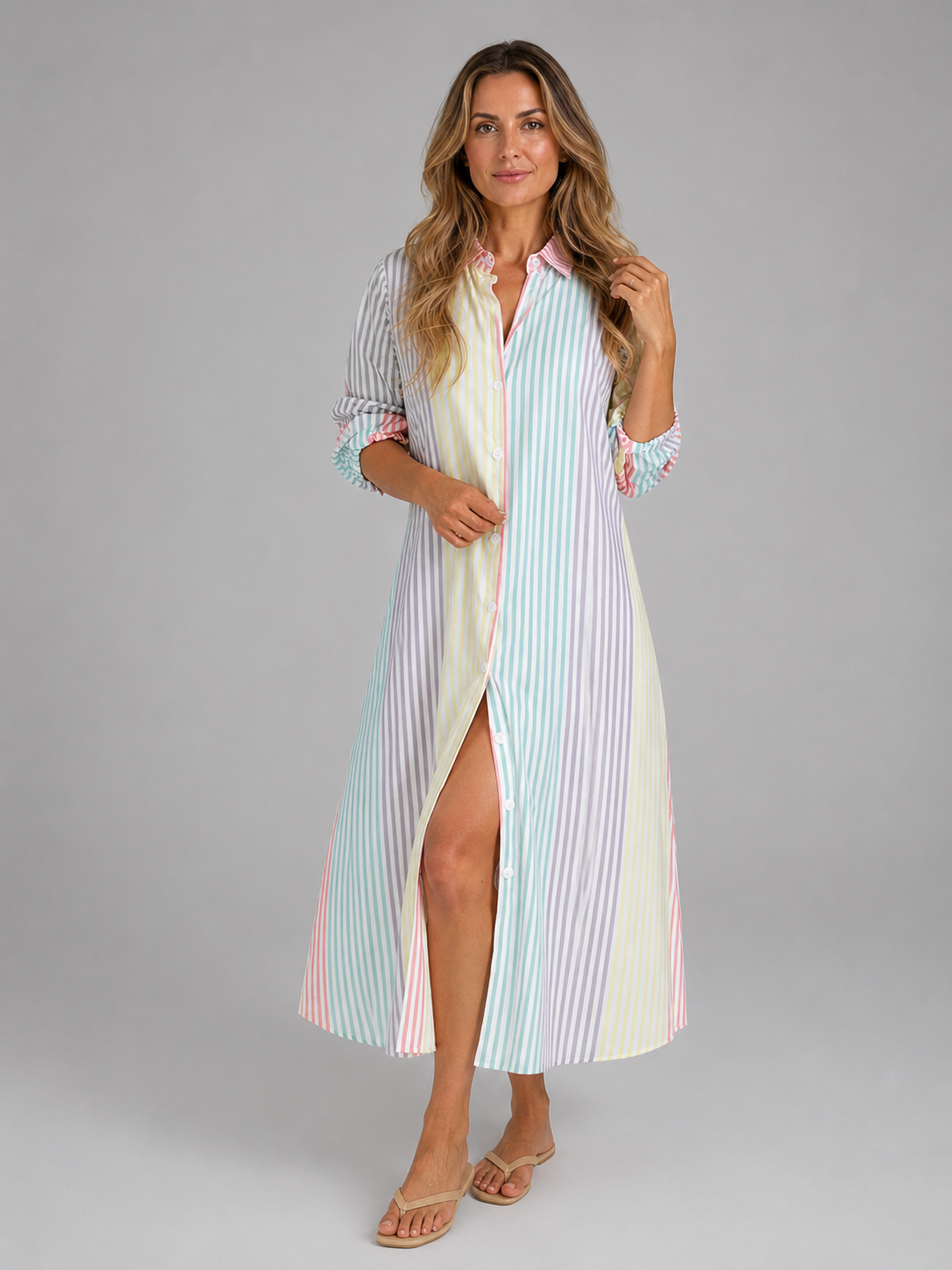 Pastel striped shirt maxi dress with button front, collar, and side slit
