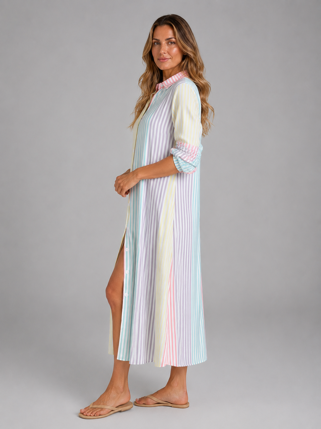 Pastel striped shirt maxi dress with open collar, long sleeves, and side slit