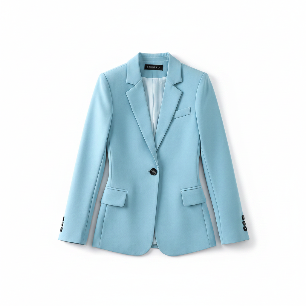 Light blue single-breasted blazer with notch lapels, flap pockets, and button front