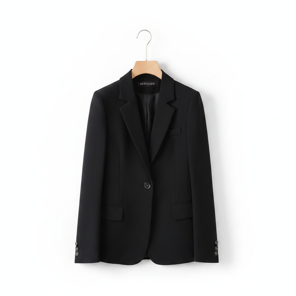 Black single-breasted blazer with notch lapels, flap pockets, and button front