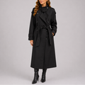 Black tailored trench coat with waist belt, double-breasted buttons and notched collar