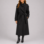 Black tailored trench coat with waist belt, double-breasted buttons and notched collar