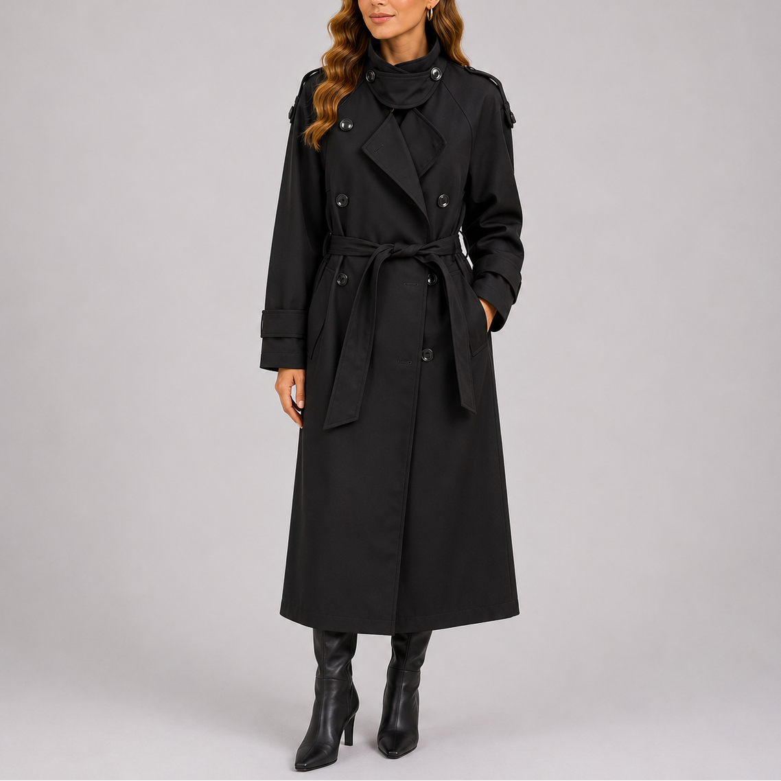 Black tailored trench coat with waist belt, double-breasted buttons and notched collar