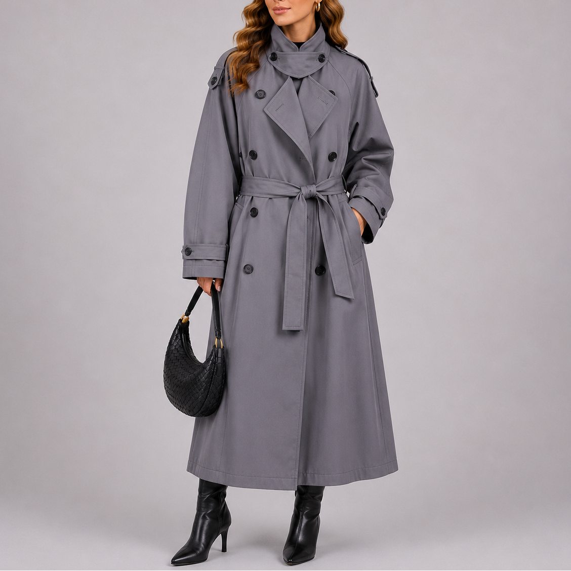 Gray tailored trench coat with waist belt, double-breasted buttons and notched collar