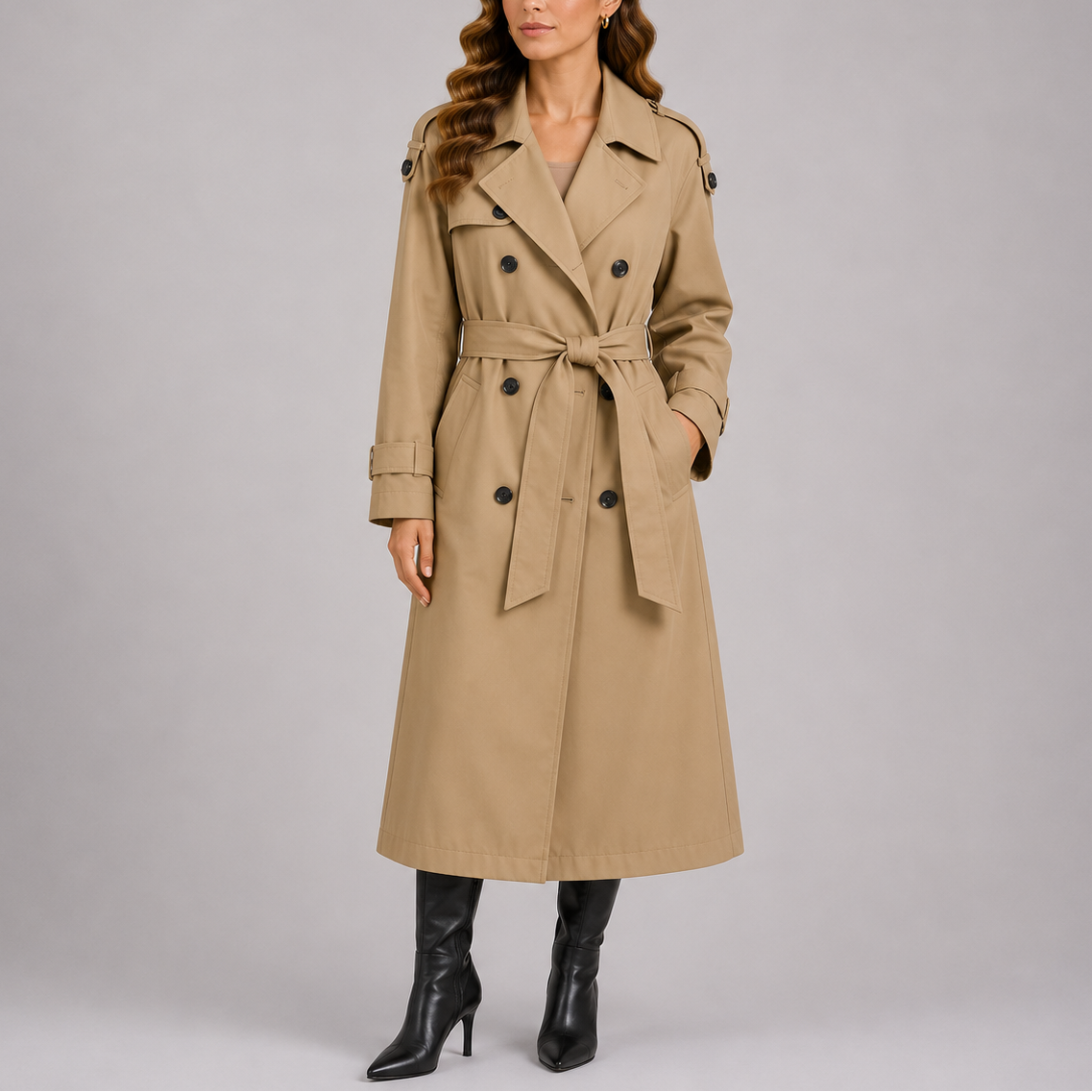 Beige tailored trench coat with waist belt, double-breasted buttons and notched collar