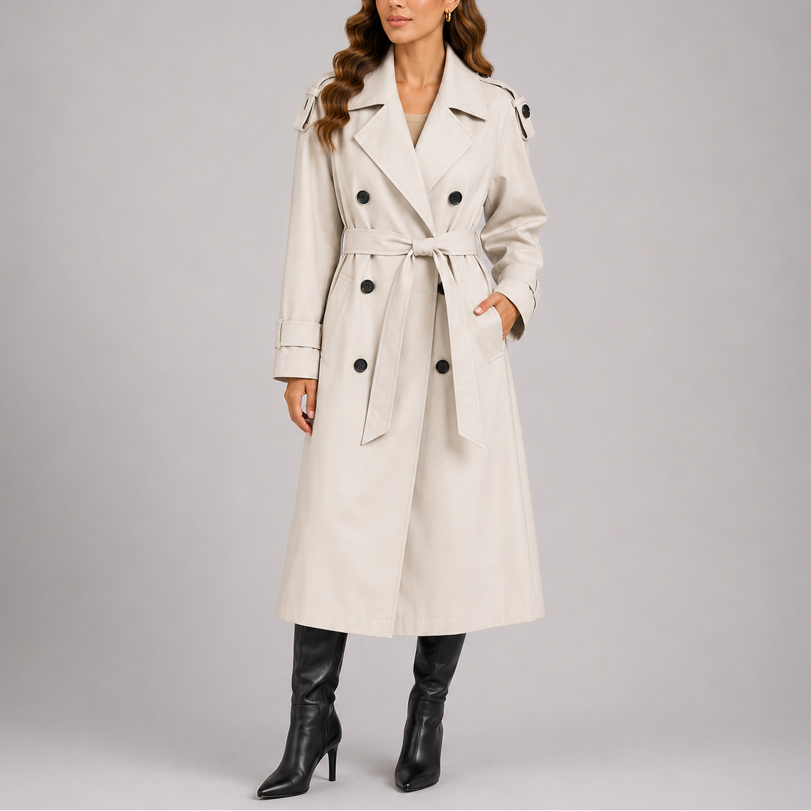 White tailored trench coat with waist belt, double-breasted buttons and notched collar