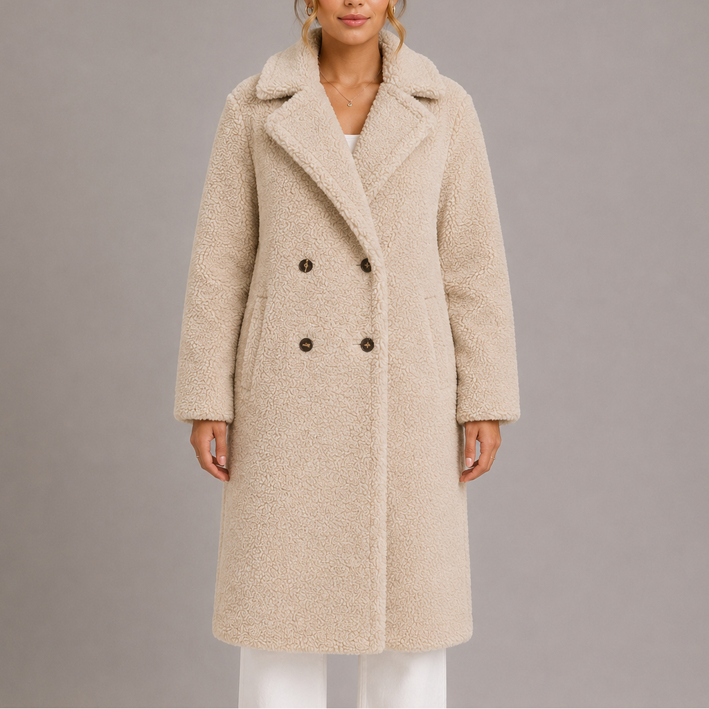 Beige long double-breasted teddy coat with notched lapels and dark button closure