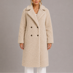 Beige long double-breasted teddy coat with notched lapels and dark button closure