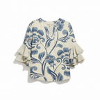 Women's white and blue damask V-neck blouse with tiered short sleeves