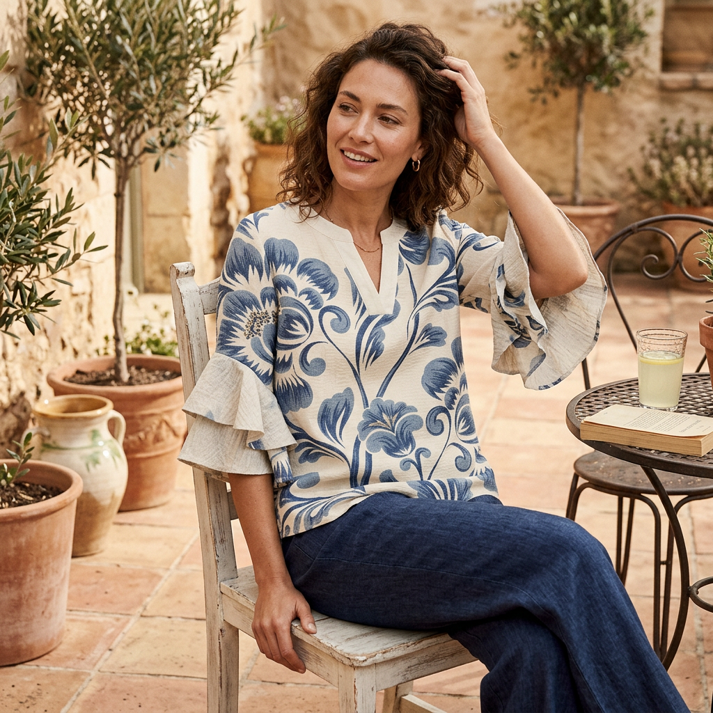 Women's floral print V-neck blouse with tiered short sleeves, blue on white