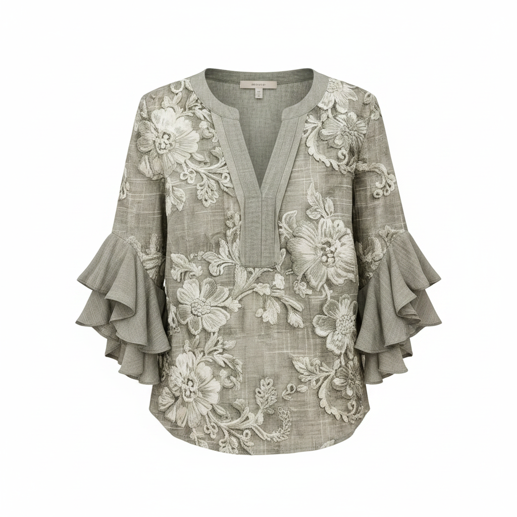 Gray floral embroidery V-neck blouse with tiered ruffle sleeves, relaxed fit