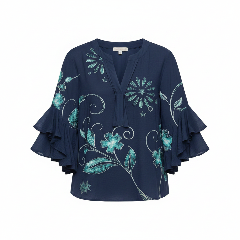 Navy floral doodle print V-neck blouse with tiered ruffle sleeves, relaxed fit