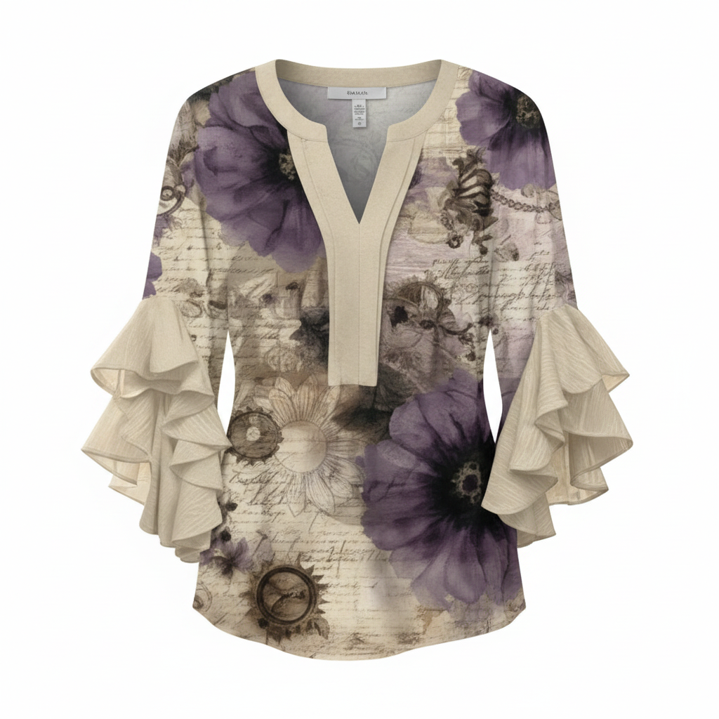 Beige and purple floral print V-neck blouse with tiered ruffle sleeves