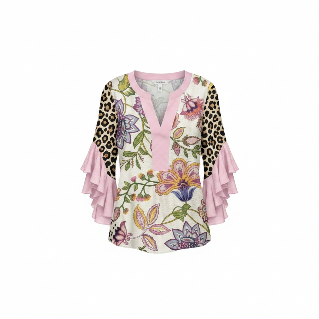 Pink floral and leopard-panel V-neck blouse with tiered ruffle sleeves