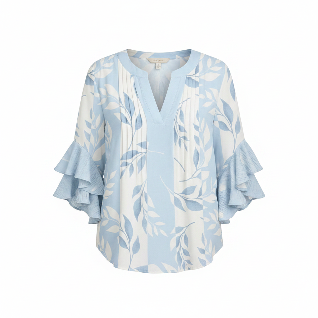 Light blue leaf-print V-neck blouse with tiered ruffle sleeves, relaxed fit