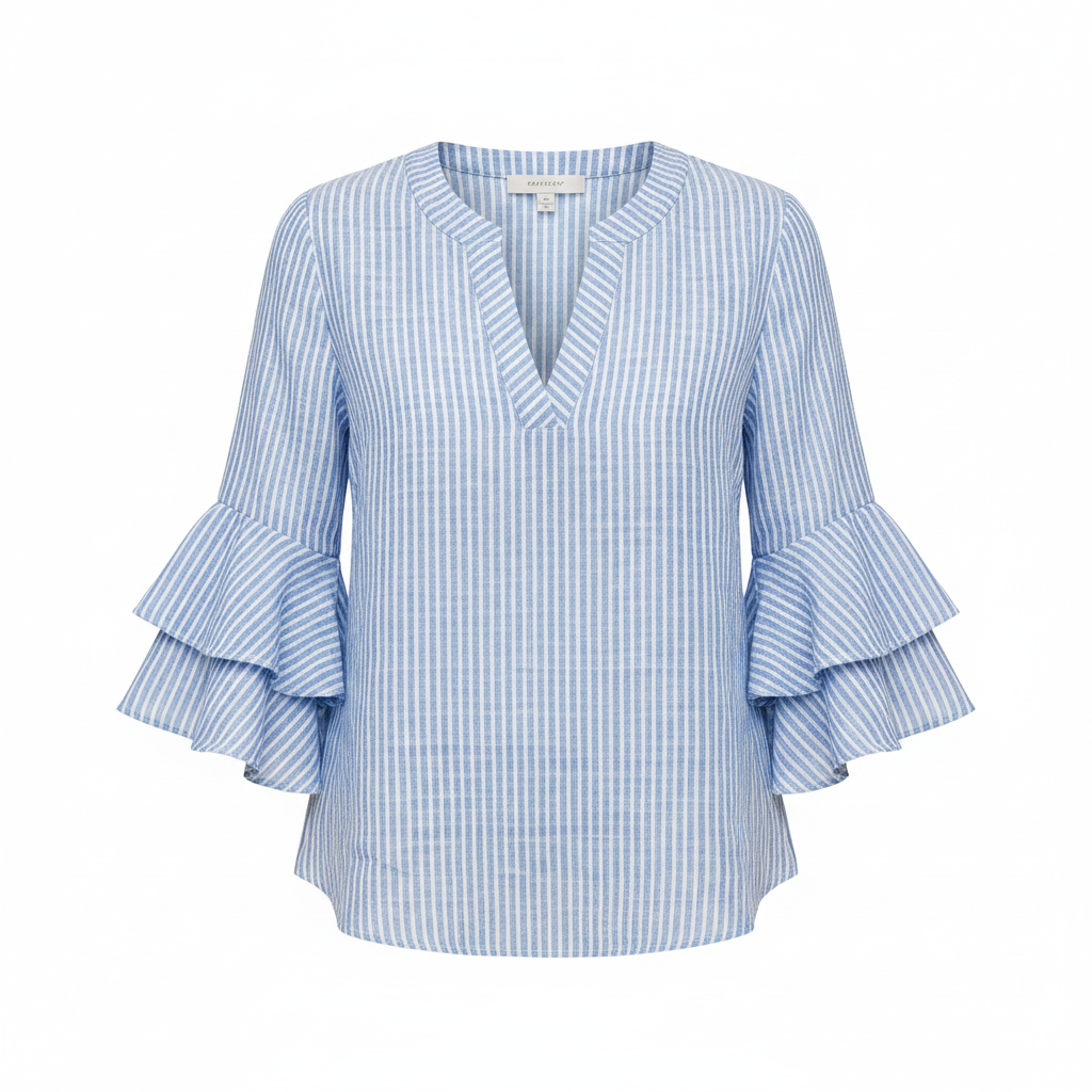 Light blue striped V-neck blouse with tiered ruffle sleeves, relaxed fit