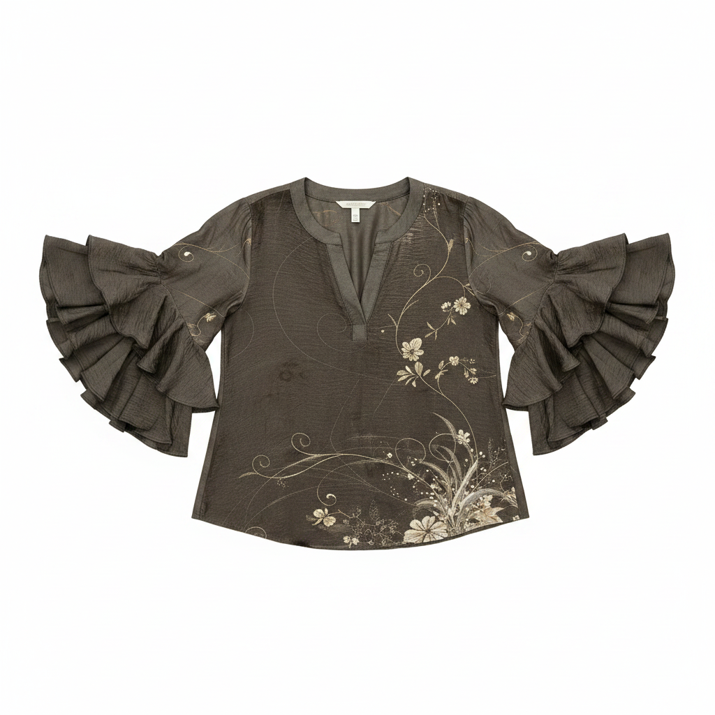 Dark brown floral embroidered V-neck blouse with wide tiered ruffle sleeves