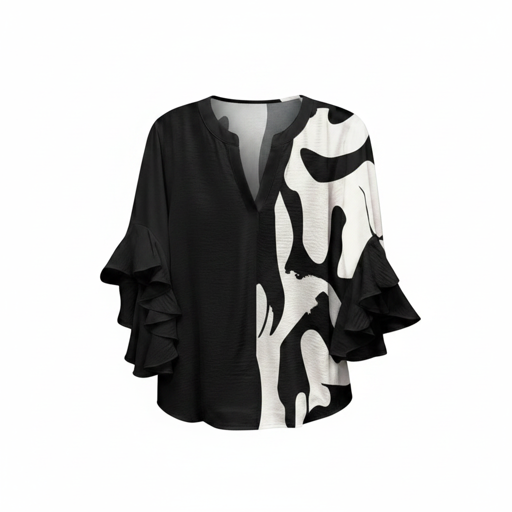 Black and white abstract print V-neck blouse with tiered ruffle sleeves